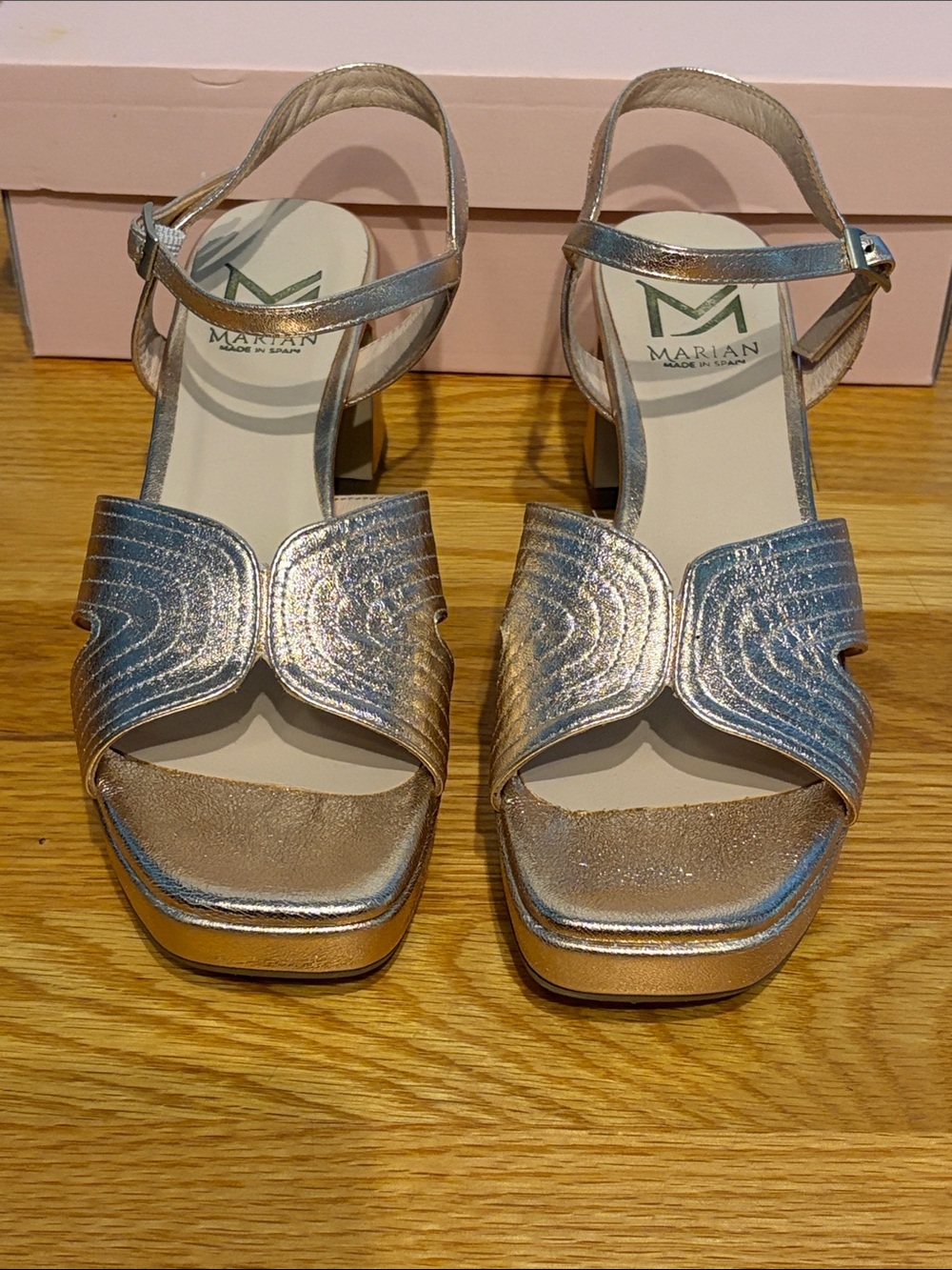Mariana Rose Gold Block Heel Sandals with Ankle Strap